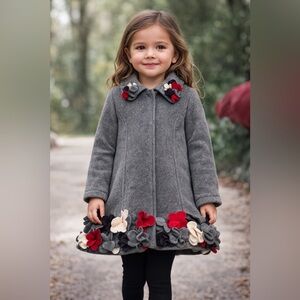 Kate Mack Gray Coat with Red and Black Floral Details